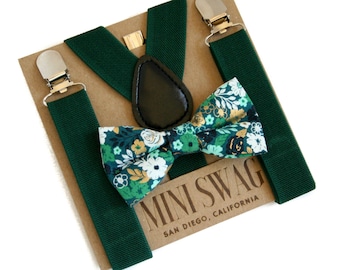 Boys Floral Bow Tie Set, Baby Bow Tie and Suspenders, Green Christmas Outfit, Family Pictures Outfit, Hunter Green Toddler Suspenders