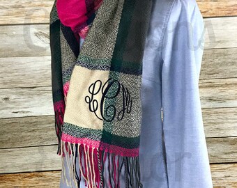 Monogram Scarf, Monogrammed Scarf, Monogrammed Plaid Scarf, Blanket Scarf, Tartan Scarf, Plaid Scarf, Oversized Scarf, Monogrammed Gift