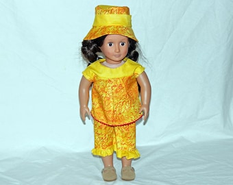 Bright sunny yellow accented tunic/capri/sun hat doll set.
