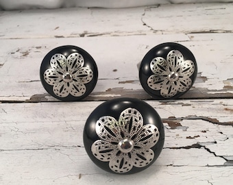 Round Black Ceramic Knobs, Decorative Pull Knob With Silver Metal Apron, Ceramic Dresser Drawer Pulls, Item #