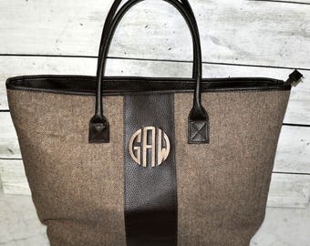 Brown or Black Herringbone Carry On Duffle Bag, Tote Bag, Personalized Tote