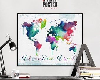 World Map Poster Adventure Awaits, Map Of The World Print, World Map Wall Art by iPrintPoster
