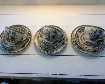 Three Vintage Indian Tree cups saucers and side plates by Johnson Brothers c1970