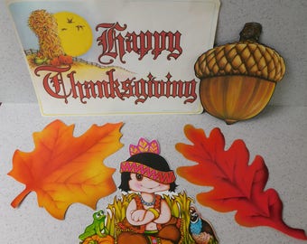 Vintage Beistle Fall and Thanksgiving Decorations, Die Cut Decoration Assortment, Leaves, Acorn, Happy Thanksgiving, Indian, Native American