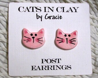 Pink Kitty Post Earrings Stud Earring Handmade In Kiln Fired Clay by Gracie