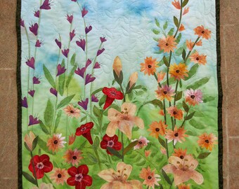 Hand painted fabric art quilt, wallhanging - wildflowers