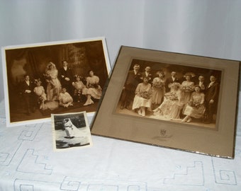 Three 1920s wedding photos. Two larger ones show wedding party. Amazing condition.