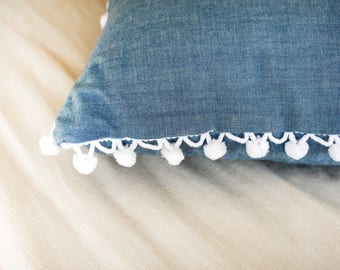 Denim Pom Pom Pillow - Denim Throw Pillow with White Cotton Pom Pom Trim - Boho Home Decor Bright Throw Pillows - Mix and Match Bedroom
