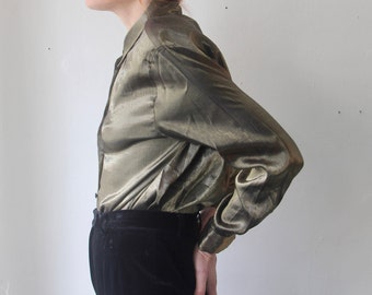 vintage metallic woven blouse / womens medium vintage gold blouse