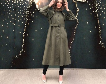 Vintage 1960's Olive Green Herringbone Trench With Fur Lined Hood