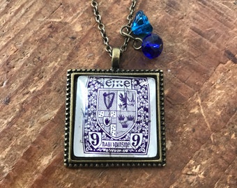 Vintage postage stamp pendant necklace Eire Iteland