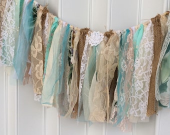 Rustic fabric banner, shabby, turquoise, fringe fabric garland, burlap fabric banner, boho home decor, shower decor, window swag, photo prop