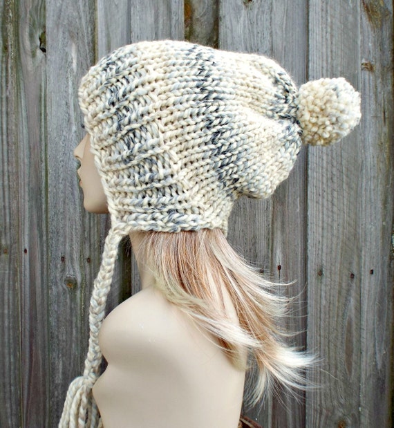 Moonlight Grey and Cream Slouchy Beanie Pom Pom Hat Winter