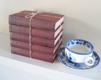 Maroon Decorative Book Set, Shabby Book Bundle, Rustic Books, Farmhouse Books, Primitive Decor, Old Stack of Books, Red Decor, Shelf Decor