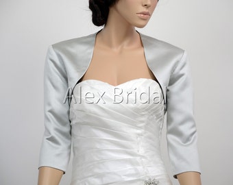 Silver 3/4 sleeve satin bolero wedding jacket shrug