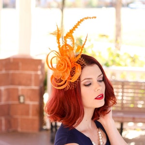 Orange Fascinator, Womens Tea Party Hat, Church Hat, Derby Hat, Fancy Hat, Bachelorette Hat, Tea Party Hat, wedding hat