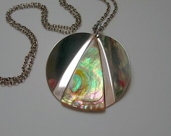 Mid Century Modernist Stainless Steel and Abalone Pendant Necklace,Vintage 1960s,70s