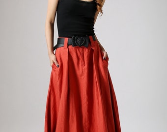Maxi skirt, orange skirt, boho skirt, linen skirt, long skirts for women, lagenlook skirt, skirt with pockets, custom made skirt, gifts 896