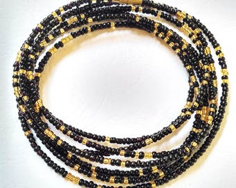 Black & Gold African Waist Beads - Belly Chain - Belly Beads - With Clasps