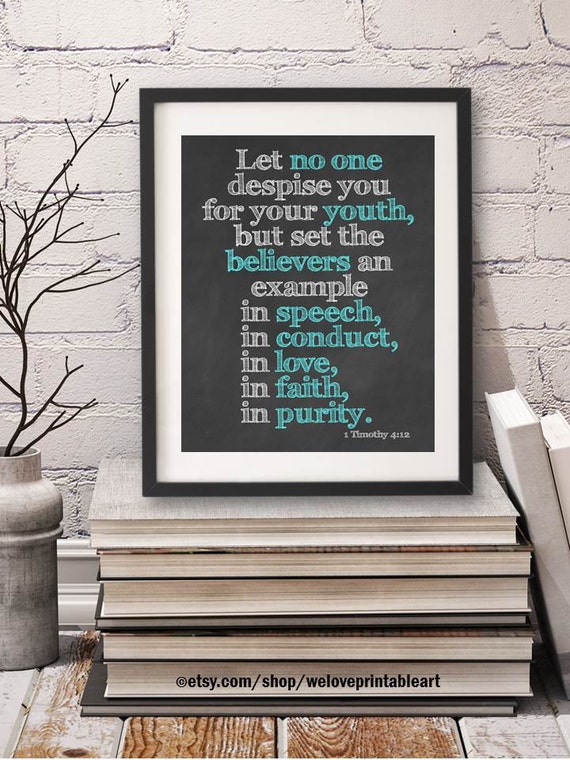 1 Timothy 412 Christian Gift For Him Bible Verse Sign Chalkboard Art Print Scripture Wall Printable INSTANT DOWNLOAD