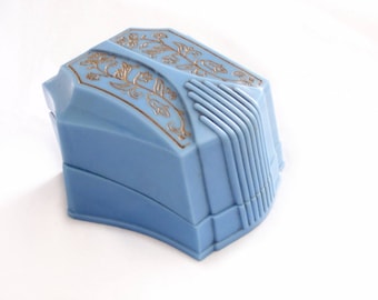 Art Deco Double Ring Box - Wedding Engagement Ring Presentation Box - Blue Cellluloid Plastic Gold Embossed Engagement Ring - Ring Holder