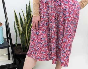 Red Floral Midi Skirt with Pockets Size UK 8, US 4, EU 36