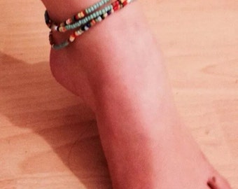 Beaded wrap anklet turquoise seedbeads boho hippie festival