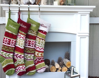 Personalized Knitted Christmas Stockings Red Green White