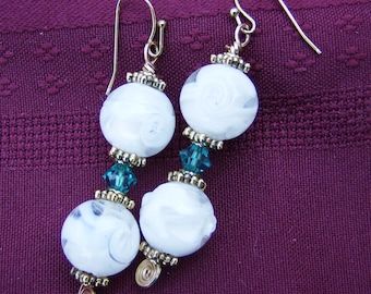 White & Teal Earrings - Handmade, Gold, Swarovski Teal Crystal and White with Clear Earrings in Gold by JewelryArtistry - E629