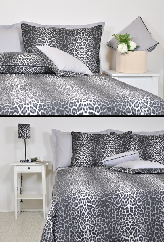 Leopard Duvet Cover Set in Full Queen King Size Black Smoke