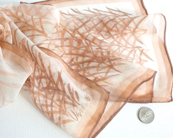 Sheer Vera Neumann brushwork scarf. Bamboo motif, reed motif, brown and white scarf, vera ladybug scarf, oblong scarf, summer scarf