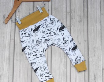 Baby Harem Pants - Toddler Harem Pants - Map Print Pants - Organic Baby Harems - Organic Pants - Monochrome Print Harems - Baby Leggings -