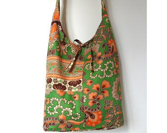 Upcycled Handmade Hobo Bag/ Eco Friendly Bag Brown, Orange, Green and Cream Batik Print