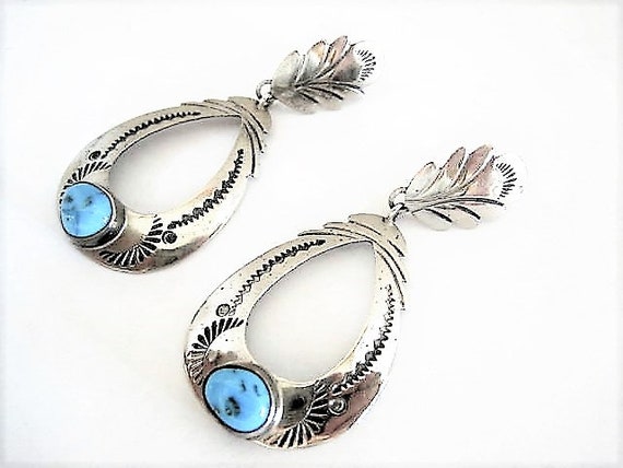 Native American Turquoise Earrings, Sterling Silver, Stamped Symbols, Long Dangle Style, Southwestern Pierced