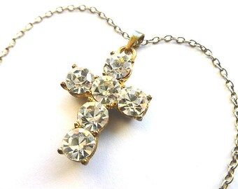 DAZZLING CRYSTAL Twotone Vintage Cross, Six Faux Diamond Cross & Neck Chain, Rhinestone Cross Necklace, Cubic Zirconias Cross with Chain