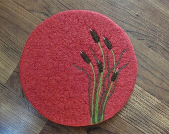 Wool Felted Hotpad/Trivet with Needle Felted Cattail Design~Felt Trivet~Wool Hotpad~Wool Coaster~Table Protector~Wool Felted Trivet