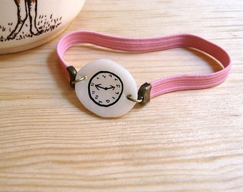 PINK Fake watch with elastic watchband. One-of-a-kind handmade Porcelain bracelet. Toy clock.