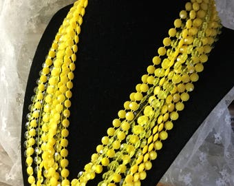 Very Very Long Four Strand Bright Yellow Lucite Disk Necklace Unsigned Four Eight Twelve Stranded 1950's 1960's Clear Yellow Beads Feminine