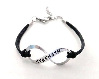 STRENGTH Infinity Hand Stamped Inspirational Bracelet You Choose Your Cord Color(s)