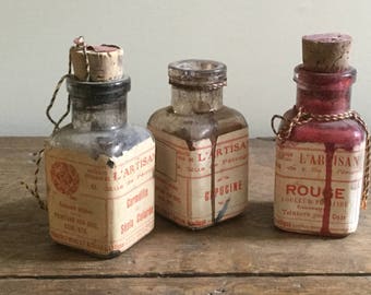 REDUCED! Antique French L'Artisan Pratique Small Leather Dye Bottles Cork Stoppers Paper Labels Interior Design Art Supplies Paris France