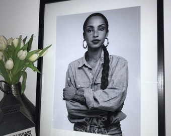 Sade Abu Music icon, B&W framed Mono print, Diamond spray, Vintage print.