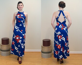 1970s Vintage Dress - Hawaiian Abstract Halter Maxi Dress - 1975
