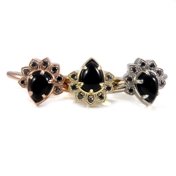 Black Lace Pear and Black Diamond Modern Crown Ring - Rose, Yellow or White Gold Engagement Ring