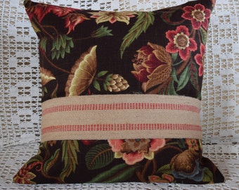 Pillow Cover 18"x18" Brown Blue Rose Taupe Green Floral Red Jute Webbing Trim