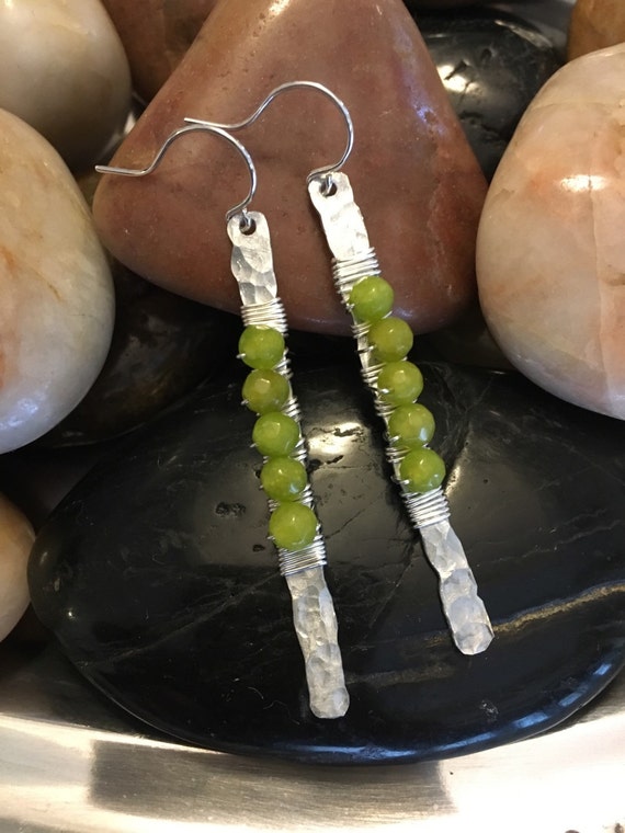 Hammered Aluminum Stick Dangle Earrings Wire Wrapped with