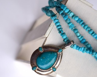 Blue turquoise sterling silver necklace 3 strand necklace Relios Southwestern jewelry made in USA statement necklace boho bohemian style