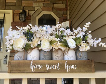 mason jar centerpiece, grey mason jar decor, rustic centerpiece, spring centerpiece, farmhouse decorations, mason jar farmhouse decor