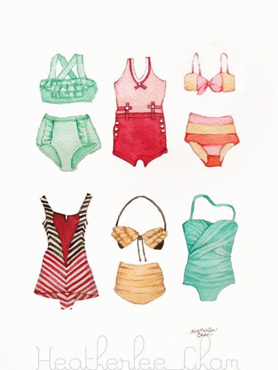 Vintage Bathing Suits Painting Watercolor Print Beach Ocean