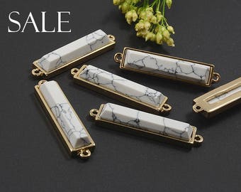 CLEARANCE! Howlite Connector, White Marble Pendant, Gold Framed Charm, Tarnish Resist Plating, 1mm Hole
