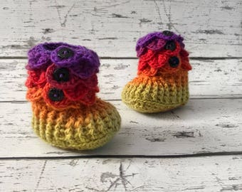 0-6 Month Baby Booties, Rainbow Slipper Boots, Crochet Crocodile Rainbow Boots, Ready To Ship